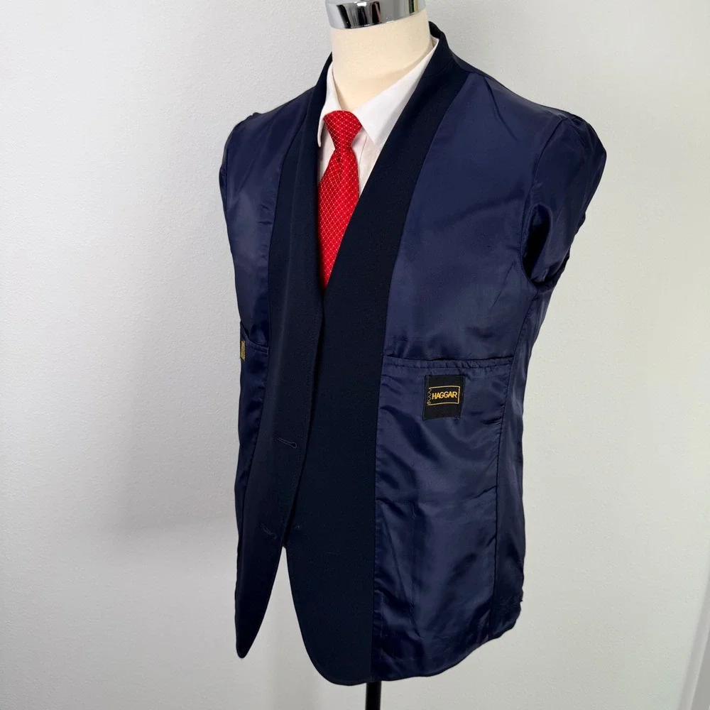 Vintage Haggar Mens Navy Blue Two Button Blazer Sport Coat Jacket 44S Washable